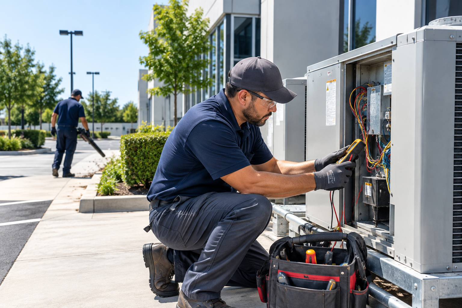 Technician inspecting outdoor HVAC equipment