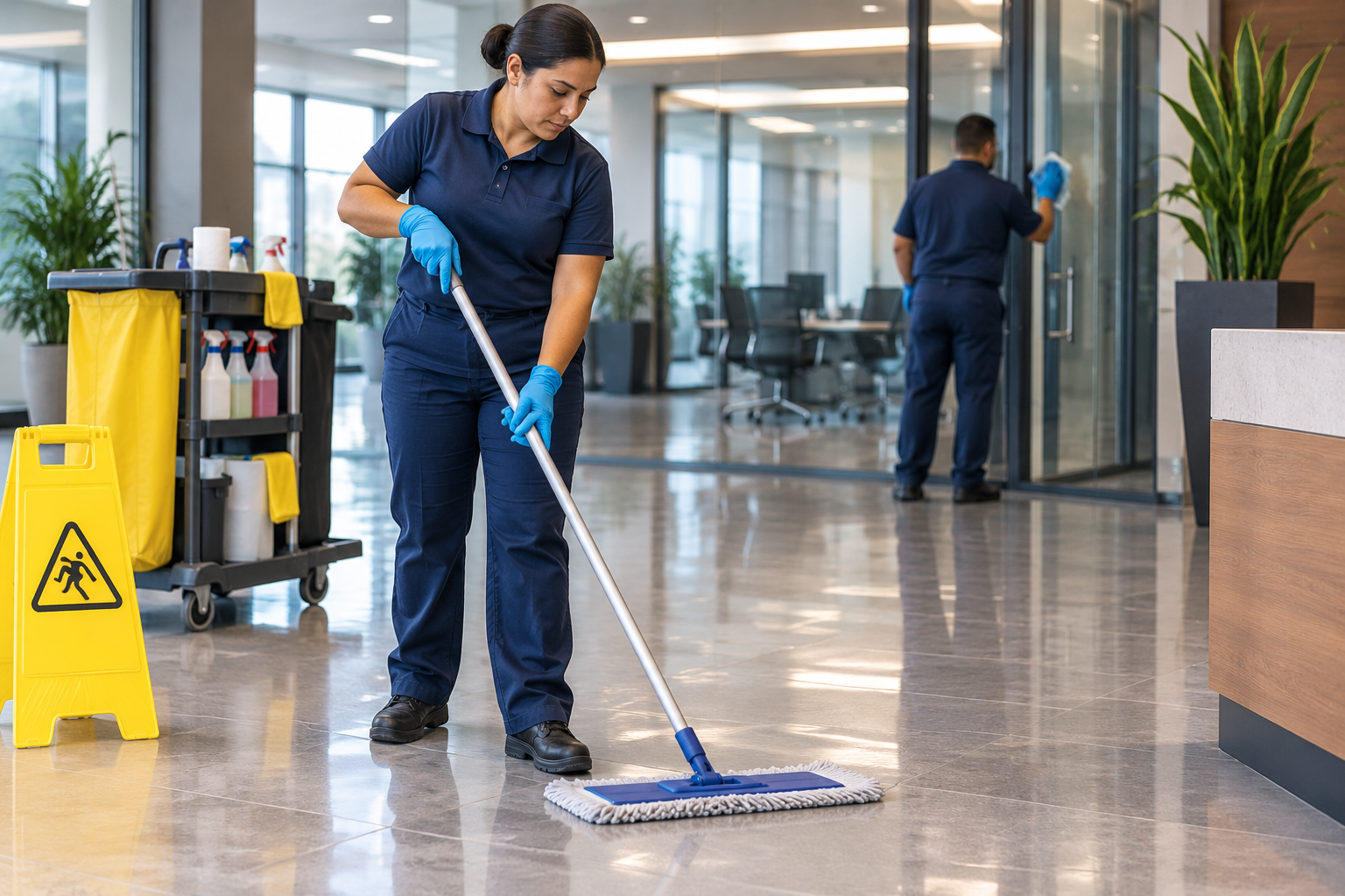 Cleaning staff maintaining an office lobby