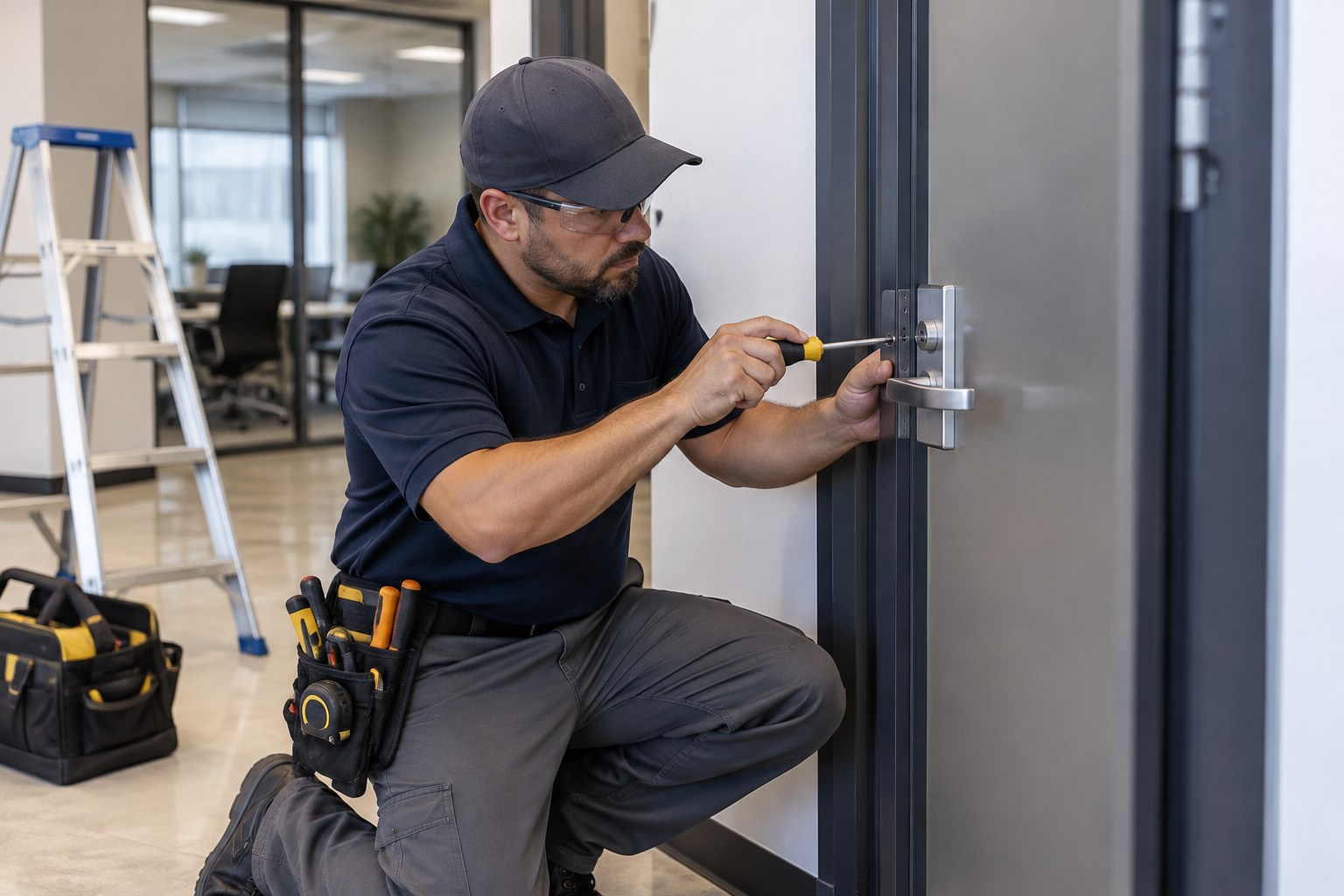 Technician repairing door hardware